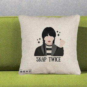 Perna Personalizata Wednesday Snap Twice, 40x40 cm, Bej Canapea, Husa Detasabila, Perna Inclusa, BEKZ®