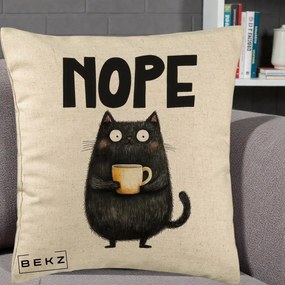 Perna Decorativa NOPE Pisica Neagra Cafea, 40x40 cm, Bej, Husa Detasabila, Perna Inclusa, BEKZ®