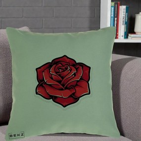 Perna Decorativa Trandafir Rosu Tattoo, 40x40 cm, Verde, Husa Detasabila, Perna Inclusa, BEKZ®