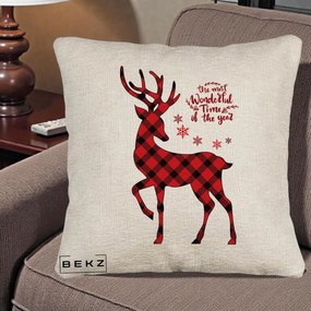 Perna Decorativa Ren Buffalo Plaid Craciun, 40x40 cm, Bej Canapea, Husa Detasabila, Perna Inclusa, BEKZ®