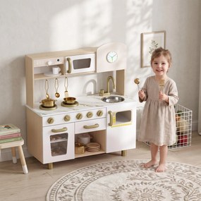 AIYAPLAY Bucătărie de Jucărie pentru Copii cu Plită, Robinet și Accesorii, MDF și Oțel Inoxidabil, 74 x 29 x 81 Cm, Alb | Aosom Romania