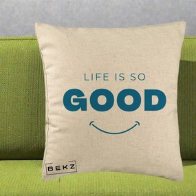 Perna Decorativa Life is So Good Mesaj Pozitiv, 40x40 cm, Bej, Husa Detasabila, Perna Inclusa, BEKZ®