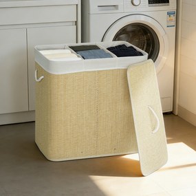 HOMCOM Coș pentru Rufe din Bambus cu Capac, 144L, 3 Compartimente, Sac Detașabil și Lavabil, Mânere, Crem | Aosom Romania