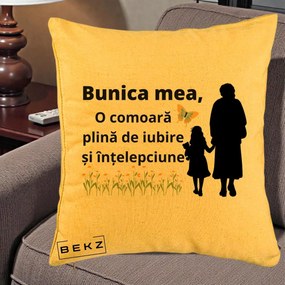 Cadou pentru Bunica - Perna Personalizata Bunica Mea Comoara Iubire Intelepciune Varianta Extinsa, 40x40 cm, Galben, Husa Detasabila, Perna Inclusa, BEKZ®