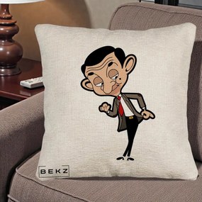 Perna Personalizata Mr. Bean Caricatura, 40x40 cm, Bej Canapea, Husa Detasabila, Perna Inclusa, BEKZ®