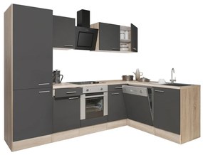 Mobilă de bucătărie de colț Yorki 280, corp din stejar sonoma, față antracit satinat, element cuptor inferior, dulap cu raft