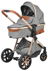 Carucior nou nascuti 2 in 1 NOVOKIDS™ Alma Gold PRO , Cu geanta bebe, Cadru Aluminiu , Amortizoare, Roti din cauciuc plin AVE, Landou, Modul sport,