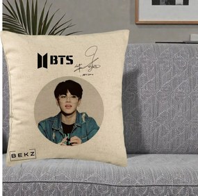 Perna Personalizata K-pop BTS Jimin Portret Cerc Autograf Geaca, 40x40 cm, Bej, Husa Detasabila, Perna Inclusa, BEKZ®