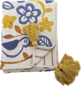 Pătură din bumbac reciclat, multicolor, model floral și păsări imprimat, ciucuri în colțuri, 160x130 cm, „Figuria"