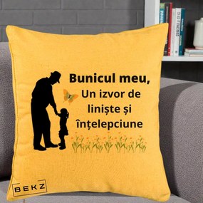 Cadou pentru Bunic - Perna Personalizata Bunicul Meu Izvor de Liniste cu Fluture si Fetita, 40x40 cm, Galben, Husa Detasabila, Perna Inclusa, BEKZ®