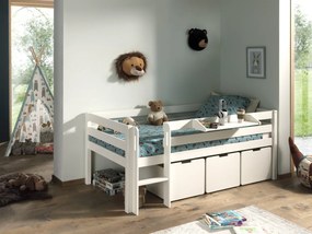 Dormitor Pino ALB 90x200 cm – Echilibru perfect cu scară, 3 sertare &amp; raft suspendat | Gama PINO