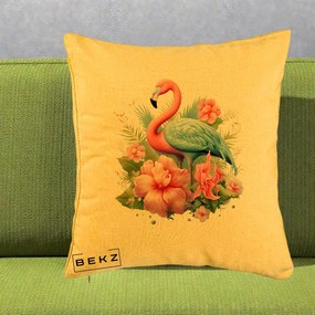 Perna Decorativa Flamingo cu Hibiscus Tropical, 40x40 cm, Galben, Husa Detasabila, Perna Inclusa, BEKZ®