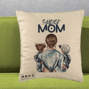 Cadou pentru Mama - Perna Personalizata Super Mom, 40x40 cm, Bej, Husa Detasabila, Perna Inclusa, BEKZ®