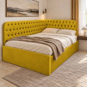 Pat tapițat pentru copii din catifea Elyra 140×200 cm, galben muștar, colț stânga, cu ladă de depozitare