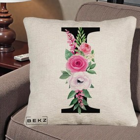 Cadou Personalizat - Perna Personalizata Monograma Florala Litera I, 40x40 cm, Bej Canapea, Husa Detasabila, Perna Inclusa, BEKZ®
