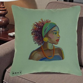 Perna Decorativa Portret Femeie Urbana Acuarela, 40x40 cm, Verde, Husa Detasabila, Perna Inclusa, BEKZ®