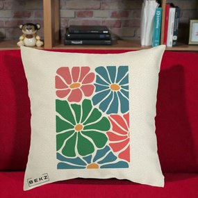 Perna Decorativa Flori Grafice Verde-Roz-Albastru, 40x40 cm, Ecru, Husa Detasabila, Perna Inclusa, BEKZ®