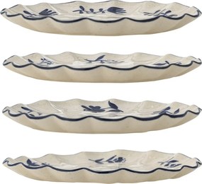 Set 4 farfurii din ceramică artizanală natur cu motive florale albastre pictate manual și margine albastră, 20,5×2 cm, "Eimy"