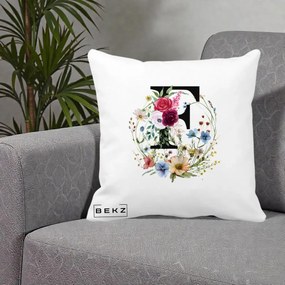 Cadou Personalizat - Perna Personalizata Monogram Litera F cu Flori Acuarela, 40x40 cm, Alba Mata, Husa Detasabila, Perna Inclusa, BEKZ®