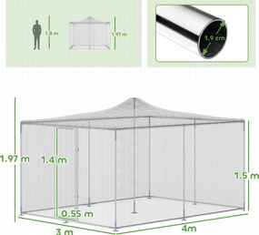 PawHut Țarc pentru Găini de Exterior, 4x3x2m 12㎡ Adăpost pentru Găini din Oțel Galvanizat cu Acoperiș Impermeabil Anti-UV și Închidere Dublă, Coteț pentru Păsări, Animale Mici, Iepuri și Rațe | Aosom Romania