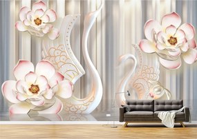 Tapet Premium Canvas - Abstract flori lebede portelan