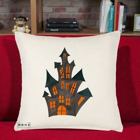 Perna Decorativa Halloween Casa Bantuita Minimalista, 40x40 cm, Crem Reliefat, Husa Detasabila, Perna Inclusa, BEKZ®