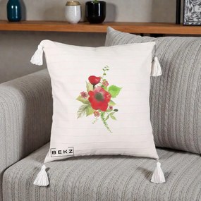 Perna Decorativa Buchet Rosu Acuarela, 40x40 cm, Bej cu Franjuri, Husa Detasabila, Perna Inclusa, BEKZ®