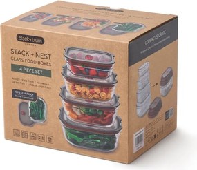 Set de 4 cutii pentru alimente Black+Blum Stack+Nest FBGR-BX-PACK4, 0,38/0,6/0,9/1,2 l, dreptunghiulare, potrivite pentru cuptor, fără BPA, oțel inoxidabil, gri/roșu