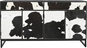 Bufet negru, stil etnic, din lemn de mango și metal, cu 4 uși și 2 sertare din piele de vacă cu păr, 90 x 172 x 45 cm, „Vachette”