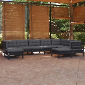 3096711 vidaXL Set mobilier grădină cu perne, 9 piese, negru, lemn masiv pin