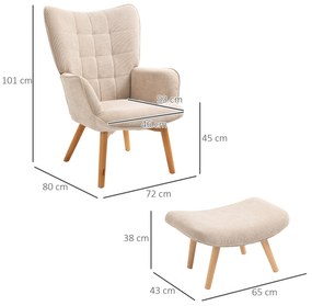 HOMCOM Fotoliu cu Taburet pentru Cameră sau Living din Catifea cu Model Crestat , Spătar Înalt și Brațe, 72x80x101 cm, Bej | Aosom Romania