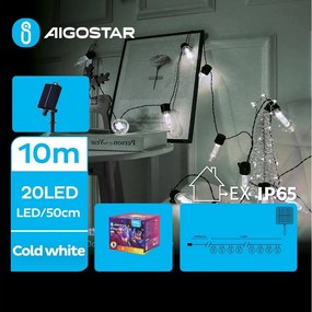 Aigostar - Ghirlandă solară cu LED, 20 LED / 8 funcții, 11,5 m, IP65, alb rece