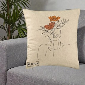 Perna Decorativa Portret Feminin Doua Flori, 40x40 cm, Bej, Husa Detasabila, Perna Inclusa, BEKZ®
