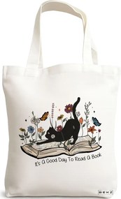Sacosa de Panza pentru Cumparaturi, Geanta Tote, model It's a good day to read a book, 38 x 34.5 cm, Alba, BEKZ®