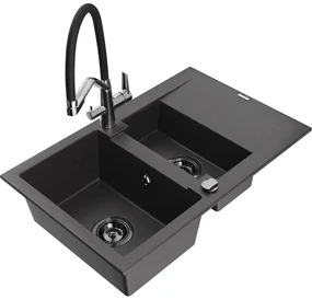 Mexen Gaspar chiuvetă de granit 1,5-cupe cu scurgător și baterie de bucătărie Duo, negru pătat - 6507-76-671701-07-B