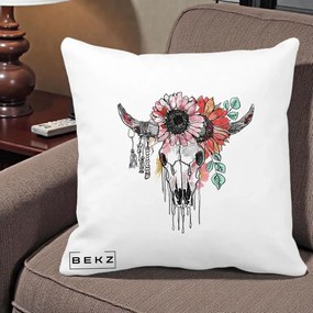 Perna Decorativa Craniu Boho Floral, 40x40 cm, Alba Mata, Husa Detasabila, Perna Inclusa, BEKZ®