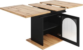 Masă de dining extensibilă cu 3 rafturi și uși din sticlă, 110-140x80x76 cm, Negru