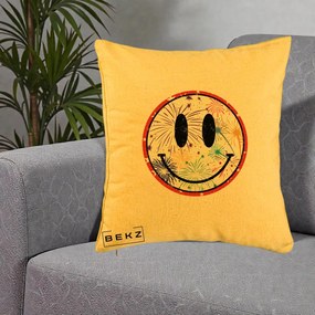 Perna Decorativa Smiley Face cu Artificii Multicolore, 40x40 cm, Galben, Husa Detasabila, Perna Inclusa, BEKZ®