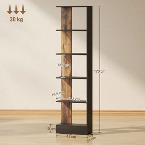 HOMCOM Raft Îngust cu 5 Etajere, Raft Economisitor de Spațiu Modern din Lemn, Bibliotecă pentru Baie, Living, Dormitor, Birou, 45x21x170 cm, Maro Rustic | Aosom Romania