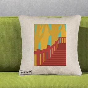 Perna Decorativa Scari Toamna Peisaj Grafic, 40x40 cm, Bej Canapea, Husa Detasabila, Perna Inclusa, BEKZ®