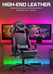 DOWINX Scaun gaming, ergonomic, suport lombar cu masaj, spătar rabatabil 90-180°, cotiere reglabile, suport pentru picioare, rezistent 150 kg, piele PU, Negru/Violet