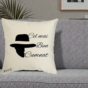 Cadou pentru Cumnat - Perna Personalizata Cel mai Bun Cumnat cu Silueta Palarie, 40x40 cm, Ecru, Husa Detasabila, Perna Inclusa, BEKZ®