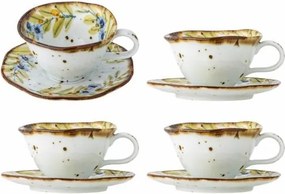 Set 4 căni cu farfurioară din ceramică artizanală albă cu motive florale pastelate pictate manual și margine maro, 15×7,5 cm, "Savina"
