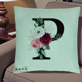 Cadou Personalizat - Perna Personalizata Monograma Florala Litera P, 40x40 cm, Verde Menta, Husa Detasabila, Perna Inclusa, BEKZ®