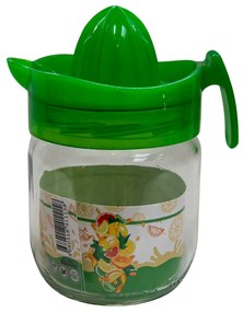 Storcator de fructe manual cu capac verde din plastic si borcanas din sticla, 350 ml