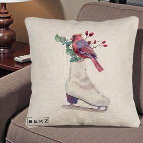Perna Decorativa Cardinal Rosu pe Patina de Gheata, 40x40 cm, Bej Canapea, Husa Detasabila, Perna Inclusa, BEKZ®