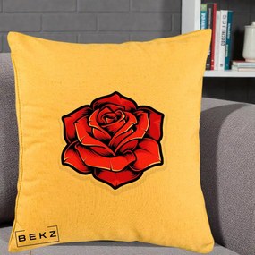 Perna Decorativa Trandafir Rosu Tattoo, 40x40 cm, Galben, Husa Detasabila, Perna Inclusa, BEKZ®