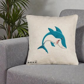 Perna Decorativa Rechin Albastru Cartoon, 40x40 cm, Bej Canapea, Husa Detasabila, Perna Inclusa, BEKZ®
