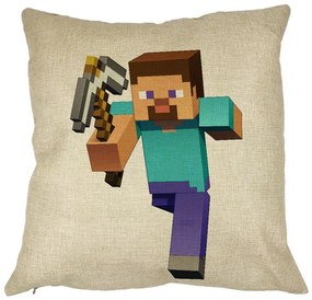 Perna Decorativa Patrata Minecraft Mining Steve 8bit, 40x40 cm, Husa Detasabila, Burduf