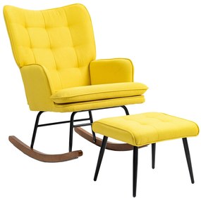 HOMCOM Scaun Fâșnâit cu Taburet Design Scandinav, Scaun Fâșnâit cu Taburet, Lemn de Fag, Captuseala, 64 cm x 89 cm x 90 cm Galben | Aosom Romania